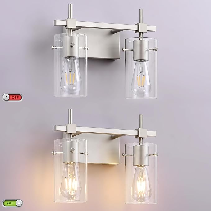 SOLFART 2 Light Wall Scone Vintage Vanity Light Fixtures Brushed Nickel Wall Light for Bathroom Lights Over Mirror with Glass Shade Light Fixtures (Exclude Bulb)