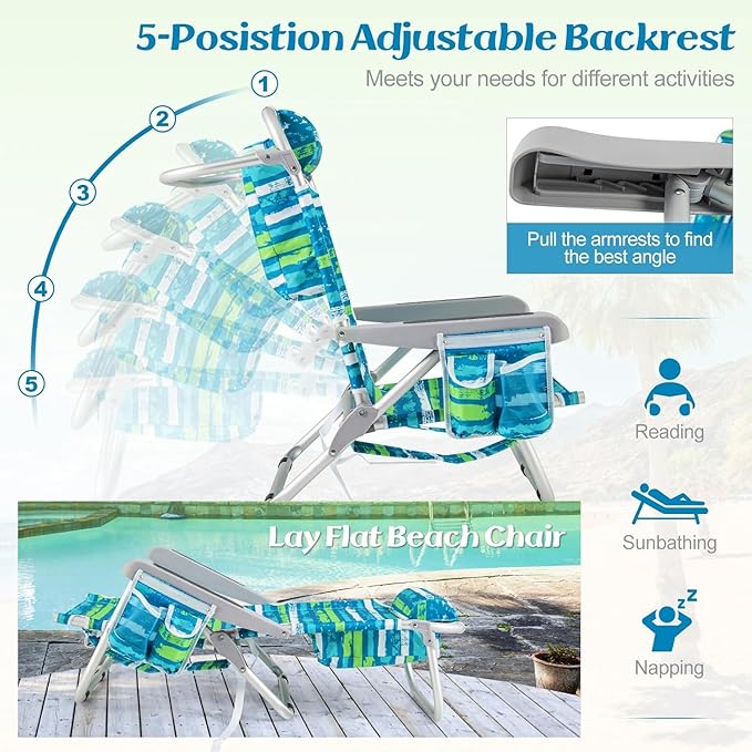 COSTWAY Backpack Beach Chair Foldable Camping Chair with 5 Adjustable Position Cup Holder Storage Pockets Straps Towel Rack Pillow for Patio Outdoor (Blue and Green Stripe1)