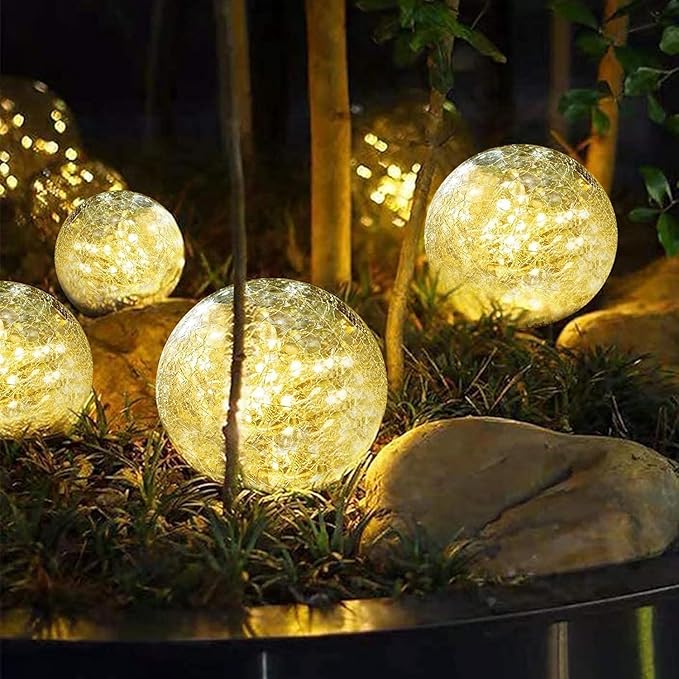 Solar Garden Lights Outdoor Waterproof 4 Pack 30 LEDs Cracked Glass Ball Light Ground Landscape Garden Decor Solar Globe Decorative for Pathway/Patio/Lawn/Yard (Warm White 3.9)