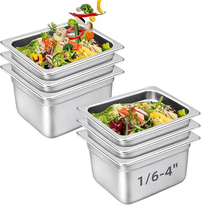 6 Pack 1/6 Size Steam Table Pans 4” Deep Anti-Jam Stainless Steel Hotel Pans Food Prep Pans for Restaurant Buffet Catering Hotel Dishwasher Safe