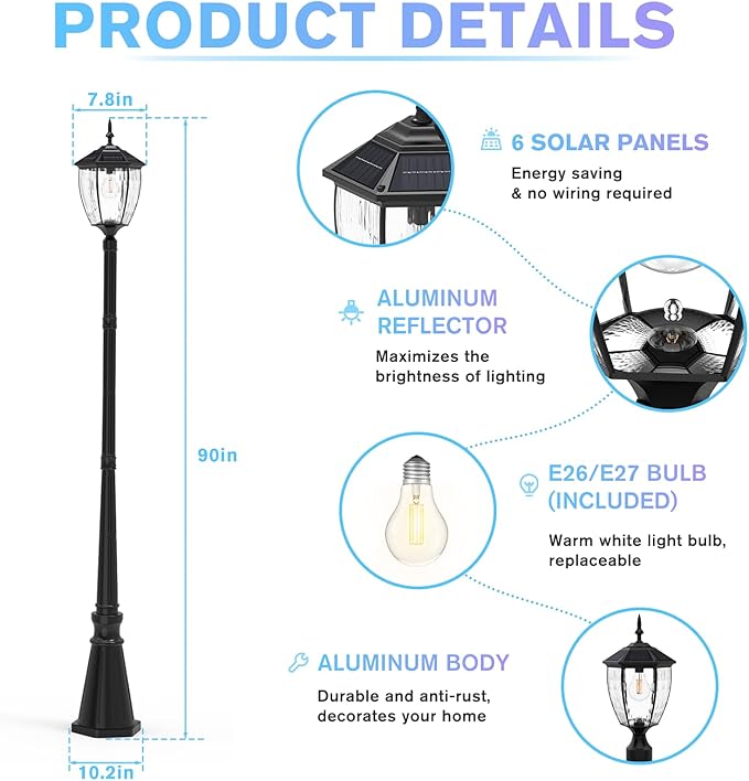 90'' H Solar Post Lights 2700K Solar Lamp Post Light Waterproof Dusk to Dawn Pole Lights Outdoor lamp Posts Lighting for Garden Patio Yard Pathway Gate Remote Control Black(Warm White)