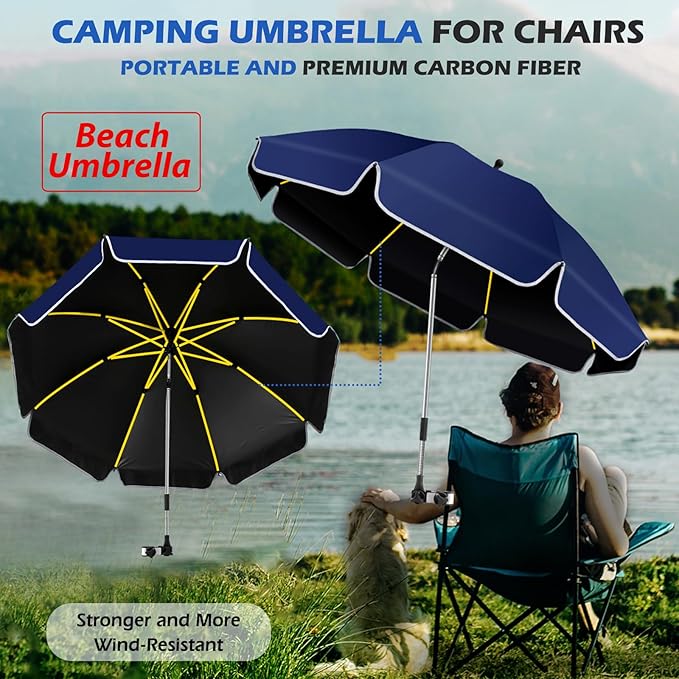 48.8 inch Beach Umbrella with Clamp Sun Shade for Beach Chair 360°Adjustable UV Protection Golf Umbrella with Clip for Outdoor Stroller Wheelchair Camping Chair（ink blue）