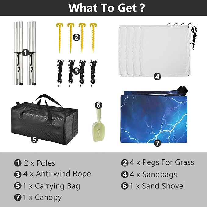 Blue Lightning Beach Tent Sun Shelter 9.2' x 10.5' Beach Canopy with 4 Sandbags 4 Stability Poles Sand Shovels - Tent Canopy for Beach Camping Fishing Picnics