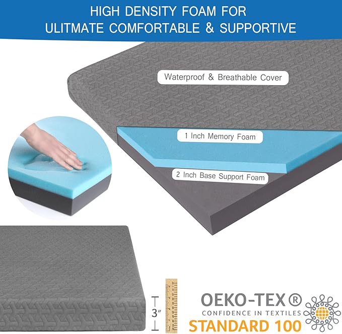 Memory Foam Camping Mattress Pad 3 Inch Thick Portable Sleeping Pad with Waterproof Cover Portable Roll Up Cot Mattress Pad Floor Mat for Travel Truck Bed Tent 72 x 24x 3