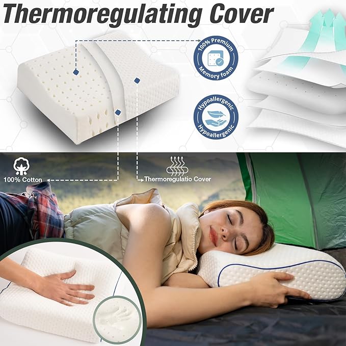 Travel &amp Camping Comfortable Memory Foam Pillow – Easy to Carry Portable Bag – Temperature Regulating Pillow Case - Perfect for Travelling (White Contour)