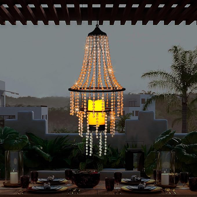 Hanging Candle Lantern Outdoor 28” Battery Operated Modern Clear Acrylic Crystal Chandeliers with Flickering Yellow Led Candle Light S Hooks for Garden Backyard Gazebo Room Indoor Indoor Decor