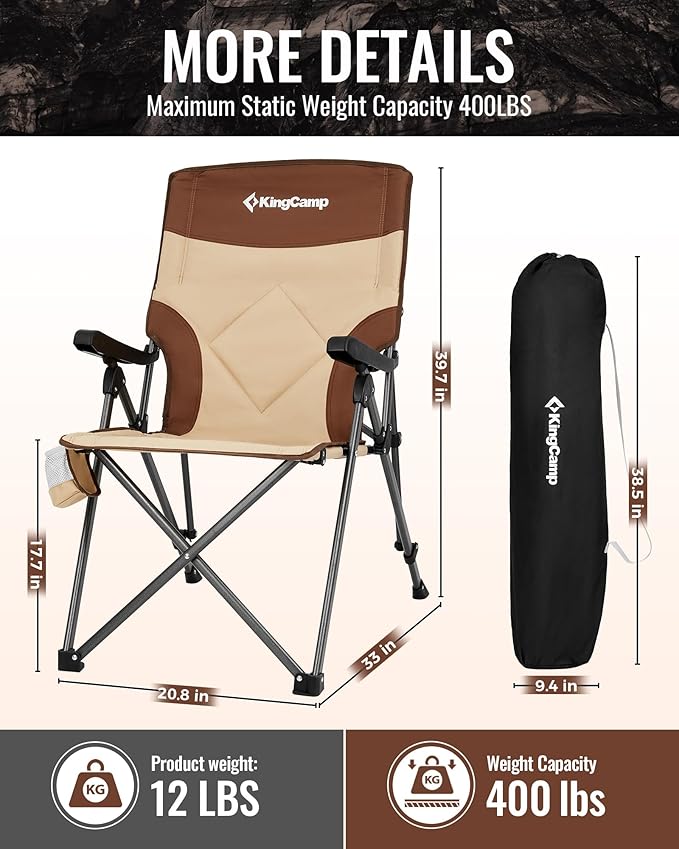 KingCamp Folding Camping Chair Adjustable 3-Position Reclining Outdoor High Back Camp Chair with Hard Armrests Heavy Duty Portable Chair Dual-Layer Padded Seat &amp Storage for Camping Lawn Back