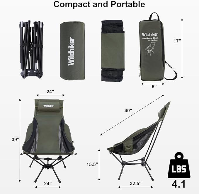 Wildhiker Portable Compact Folding Camping Chairs – Lightweight High Back with Pillow Deep Recline ArmPads Side Pockets-for Motorcycle RV Backpacking Travel Festival – Green
