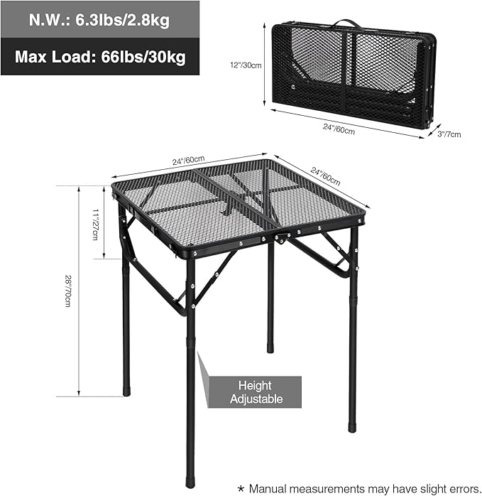 RedSwing Portable Grill Table for Outside Aluminum Square Folding Grill Stand Table for Outdoor Camping Picnic BBQ Lightweight Adjustable Height 24x24 Black