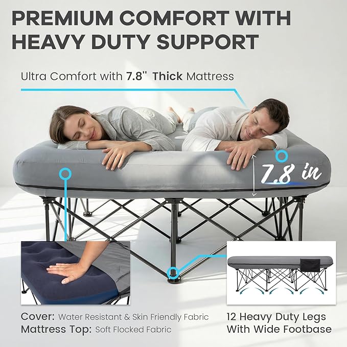 FUNDANGO Queen Camping Cot with Electric Pump 2 Person Inflatable Air Mattress with Folding Frame Portable Camping Bed with Cup Holders &amp Removable Cover for Adults Home Guest Carry Bag Includ