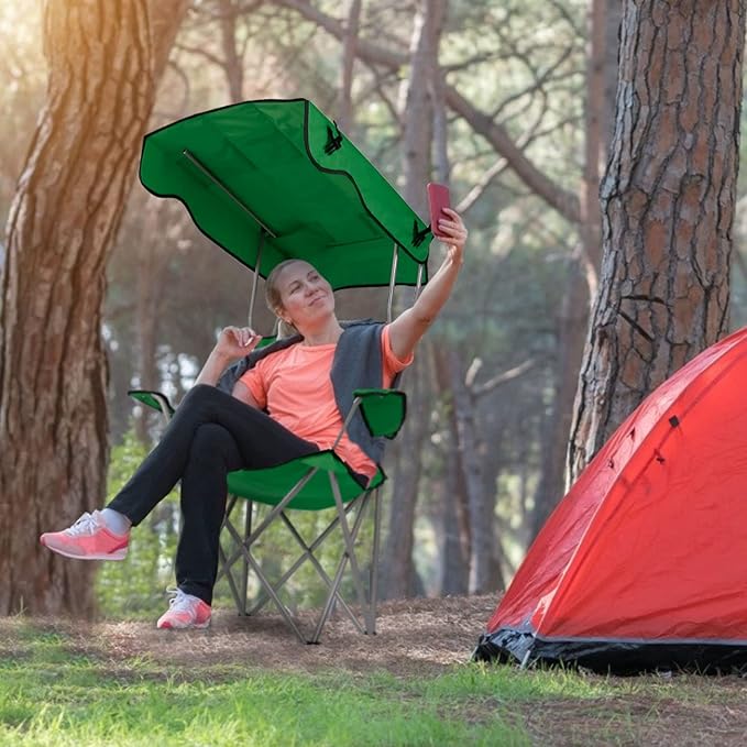 Camping Chair with Canopy Outdoor Folding Lounge Chair with Adjustable UPF 50+ Sun Shade &amp Cup Holder Portable Camping Recliner for Camp Beach Outdoor Sports 350LB Max Support - U.S Spot