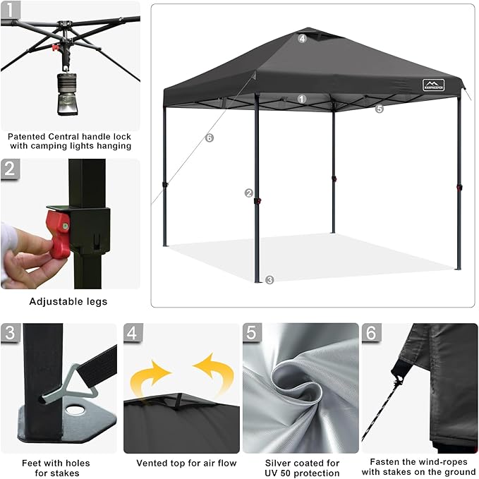 KAMPKEEPER One Person Setup 10x10 Pop up Canopy Tent Instant Portable Canopy One Push Outdoor Canopy with 3 Adjustable Heights Wheeled Carry Bag Bonus 8 Stakes and 4 Ropes(Black)