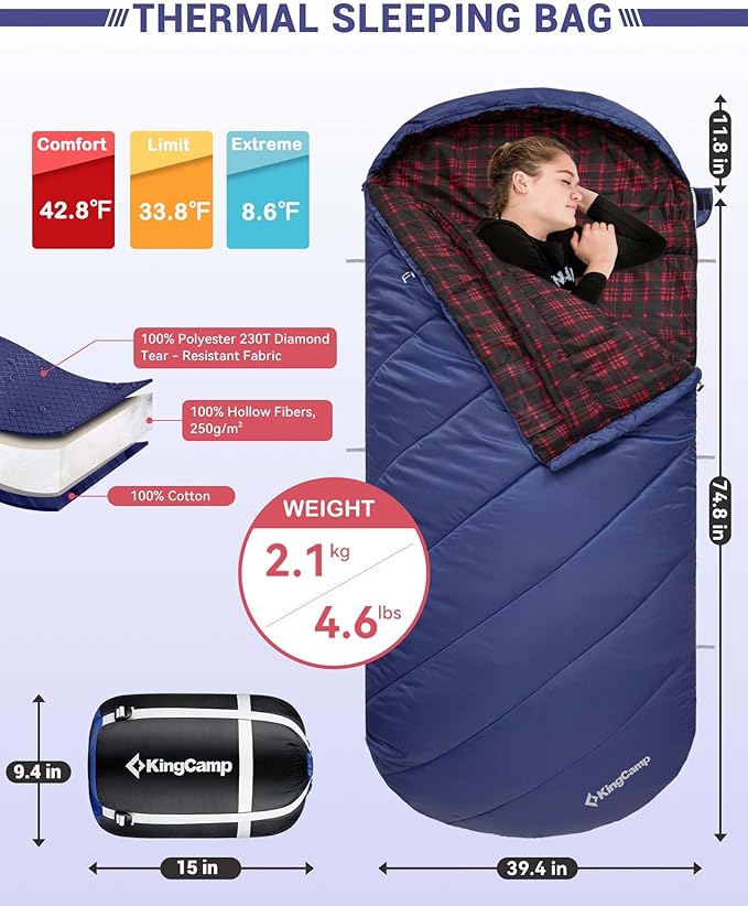 KingCamp Sleeping Bag for Adults Cold Weather &amp Warm Extra Wide Big &amp Tall XL Portable Waterproof Flannel Sleeping Bags Essentials Gear Accessories for Camping Backpacking Hiking Indoor &amp
