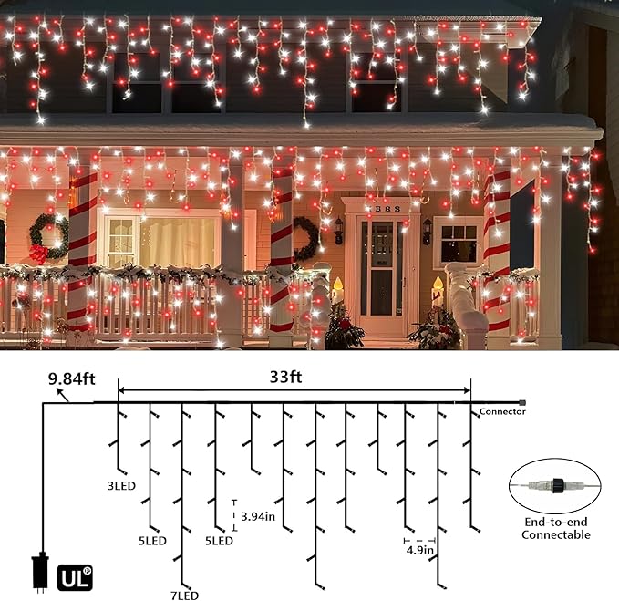 QITONG Red and White Icicle Lights for Outside 33ft 400 LED String Light with 8 Modes Clear Wire Connectable Icicle Christmas Lights Indoor Plug in
