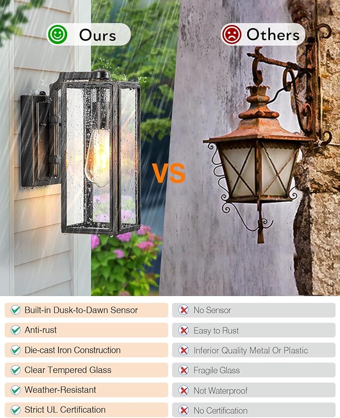 VIANIS Outdoor Wall Lights Dusk to Dawn Large Exterior Light Fixture Wall Mount for House Front Porch Light Black Anti-Rust Modern Outside Wall Sconces with Tempered Glass Shade for Garage