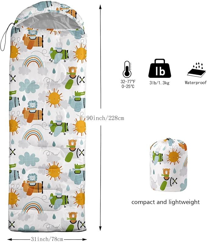 Kids Sleeping Bag for Boys GirlsSky Aircraft Print-Lightweight Warm Portable Outdoor Indoor-Waterproof Cold Weather Resistant Sleeping Bag for Camping Hiking(Sky Aircraft)