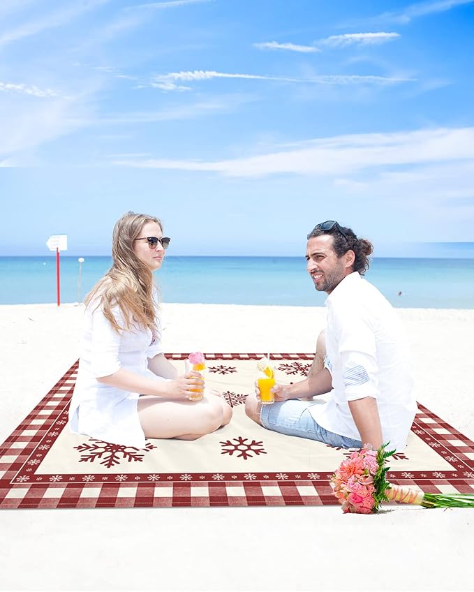 Beach Blanket Waterproof Sandproof OversizedChristmas Animal Elk Winter Snowflake Beach Mat with Corner Stakes Sand PocketsRed Buffalo Plaid White Check Outdoor Picnic Mat for Travel 95x80In