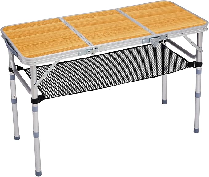 3 FT Folding Camping Table with Storage Portable Fold-in-Half Camp Kitchen Party Table 3 Height Adjustable &amp Carry Handle Rectangular Card Tables for Outdoor Picnic BBQ Backyard (Wooden Pattern