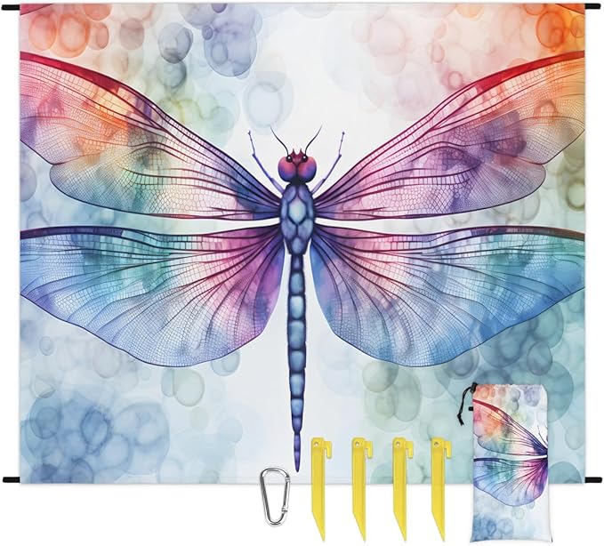 Dragonfly Animal Lightweight Beach Blanket Waterproof Sandproof 59X68 Sand Free Beach Mat with 4 Stakes Compact Outdoor Blanket for Beach Quick Drying Picnic Mat for Travel Camping