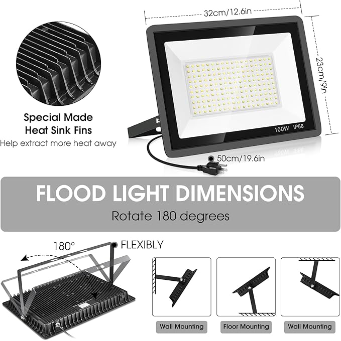3 Pack 100W Led Flood Lights OutdoorSuper Bright 11600LM Security Lights with PlugExterior IP66 Waterproof 5000K Daylight White FloodLight for Basketball Court Yard Garden Playground