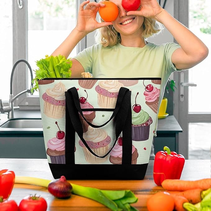 Insulated Shopping BagLarge Reusable Cooler Bags Cupcake Printed Foldable Shopping BagTravel Waterproof Shoulder Bag