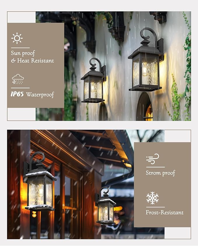 FEMILA 21 Outdoor Wall Light Fixture Rust-Proof Waterproof Outdoor Wall Light Ideal for Porch Patio EntrywayGarage with Water Ripple Glass 4FD54B2 BK-WP