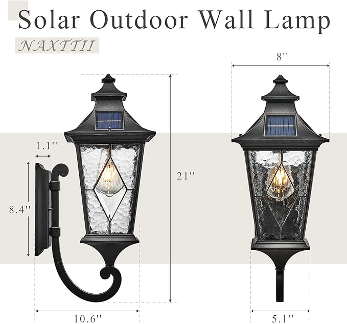 Solar Exterior Front Porch Light with Water Ripple Handmade Solder Glass Dusk to Dawn Solar Sconce Lights Outdoor 20.9 Inch Height Large Size Waterproof Include Remote Control and LED Bulb