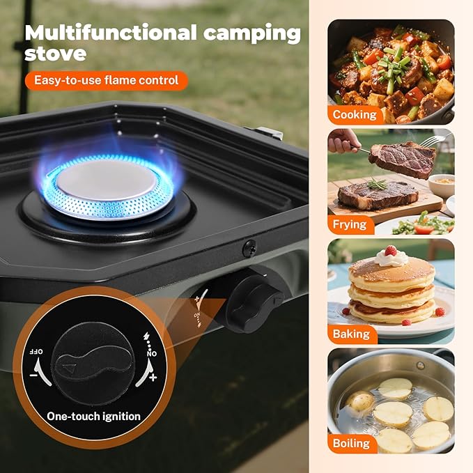 2 Burner Propane Camping Stove With GrillPortable Foldable Camp Stove With 17000BTU Two Piezo Ignition Adjustable Windproof Burners forCamping Grilling Tailgating &amp More (Green)