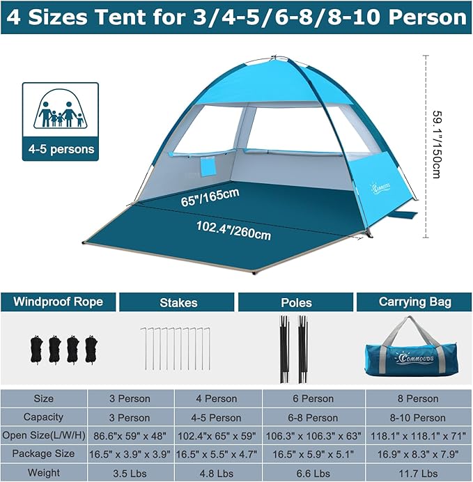 COMMOUDS Beach Tent Sun Shade for 3/4/6/8 Person UPF 50+ Beach Sun Shelter Canopy Tent Lightweight Easy Set Up and Carry