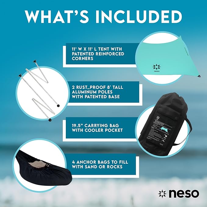 Neso Gigante Portable Beach Tent Sun Shelter - Lightweight Beach Shade Canopy - Easy Setup for Family Outings - Patented Reinforced Corners - UPF 50+ Sun Protection - 8ft Tall 11 x 11ft - Seafoam