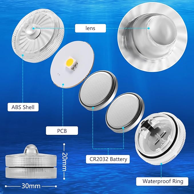 HL Submersible LED LightBlue Small LED Light100 Hours Waterproof Flameless Led Lights Battery Powered for Wedding Home Vase Festival Party Decoration 24pcs (Built-in 48 Batteries)