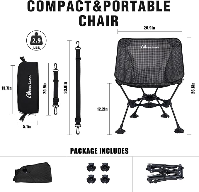MOON LENCE Portable Camping Chair Backpacking Chair Ultralight Folding Chairs with Tear Resistant Fabric Detachable Anti-Sinking Feet for Beach Black