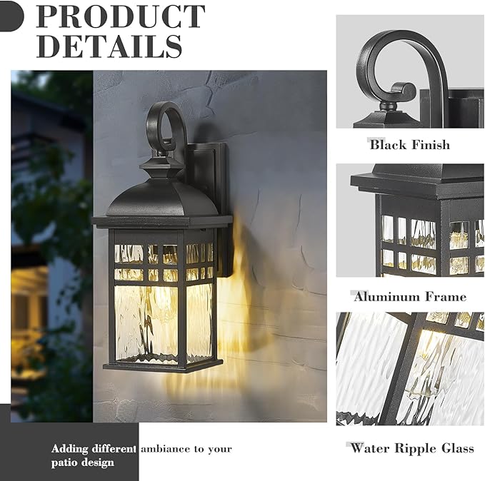 Emliviar Modern Porch Wall Sconces Set of Two 15 Wall Lights Outdoor with Water Ripple Glass Black Finish DE279B-2PK BK-WP