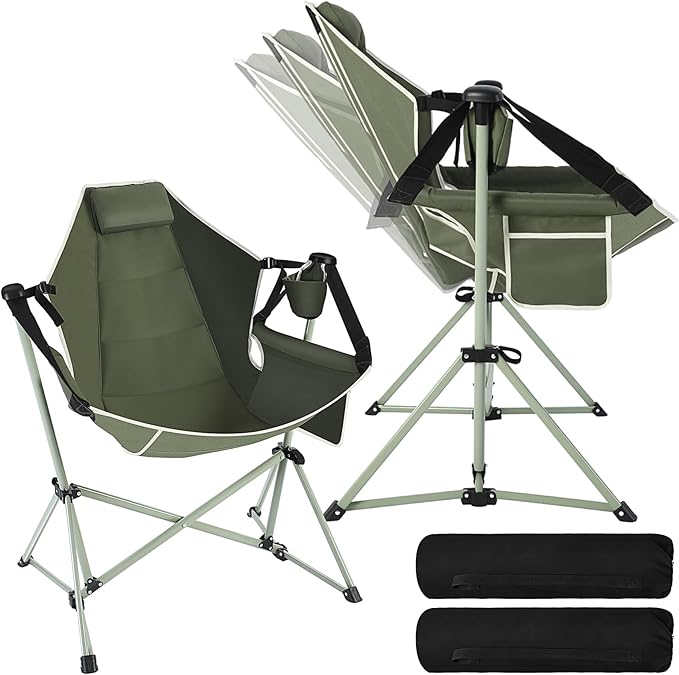 2 Pcs Hammock Camping Chair with Adjustable Backrest Heavy Duty Folding Swinging Chair Supports 300lbs Portable for Camping Travelling and Patio Green