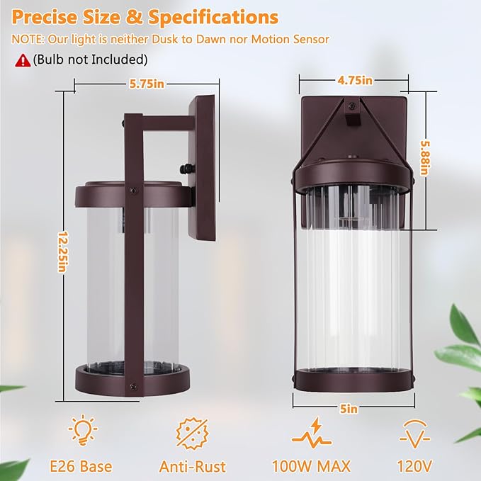 2-Pack Outdoor Wall Lights Waterproof Light Fixtures Wall Mount with Clear Ribbed Glass Modern Brown Exterior Wall Sconce Front Porch Outside Lights for House Patio Garage Bulbs Not Included