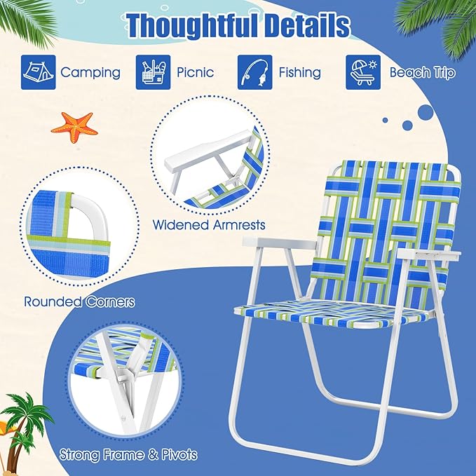 Giantex 2-Pack Lightweight Folding Camping Chairs 330 LBS Beach Chairs with Armrests No Assembly Needed Portable Webbed Lawn Chair for Picnic Fishing Patio Yard Outdoor Events Blue