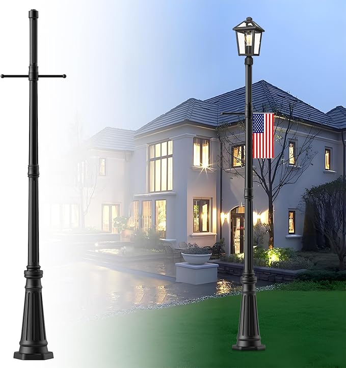 76 Vintage Cast Aluminum Lamp Post with Crossbars Matte Black Weather Resistant Coating - Outdoor Lighting Pole for Porch Yard Garden Pathway