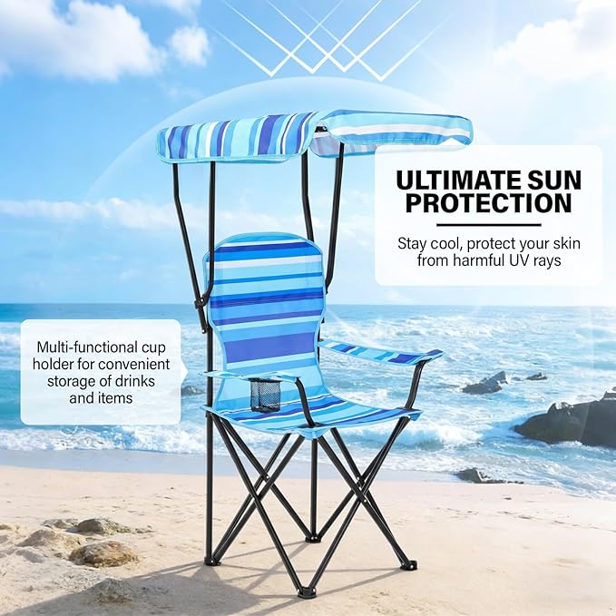 2 Pack Beach Chair with Canopy Shade Folding Camping Chairs with Canopy Portable Weather Resistant Lawn Chair with Cup Holder for Camping Beach Travel Picnic Fishing Sports