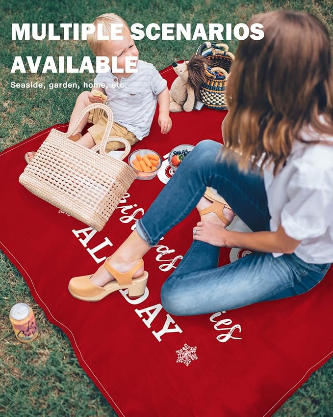 Beach Blanket Waterproof Sandproof Christmas Farm White Truck Quick Drying Beach Mat with 4 Stakes Xmas Red with Quotes Lightweight Picnic Blanket for Travel Camping Outdoor 118x108