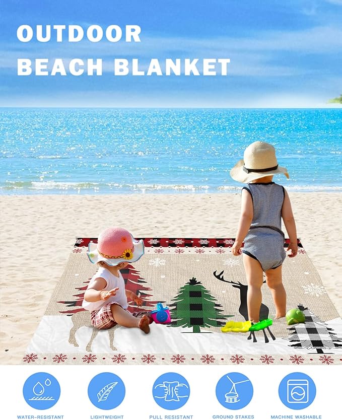 Beach Blanket Waterproof Sandproof OversizedChristmas Tree Elk Shadow Winter Snowflake Beach Mat with Corner Stakes Sand PocketsRed Buffalo Plaid Retro Linen Outdoor Picnic Mat for Travel 83x79In