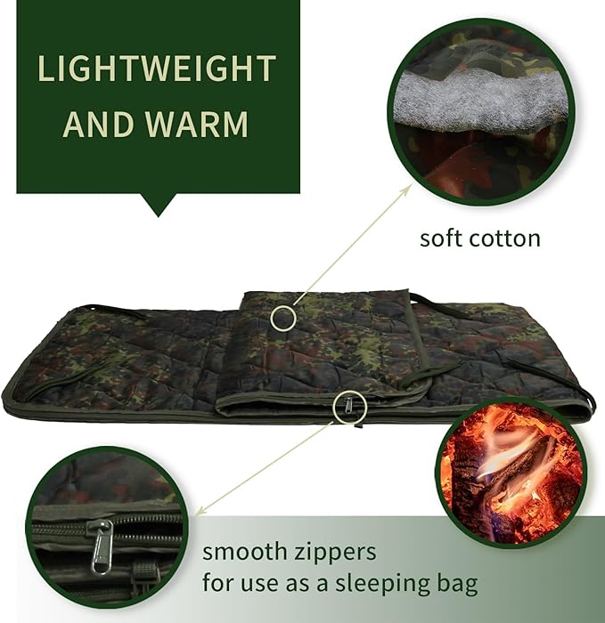 GRVCN Military Blanket - Camping Sleeping Bag with Zipper Poncho Liner Thermal Insulated Blanket Lightweight Portable Outdoor Hiking Survival Compression Carry Bag