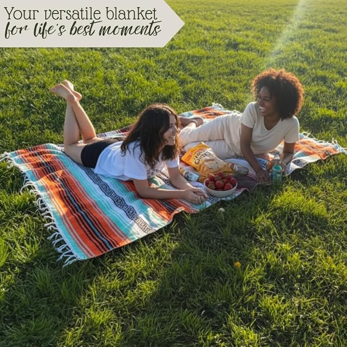 Authentic Handwoven Mexican Blanket Falsa Serape - Soft &amp Durable - Vibrant Beach Picnic Yoga &amp Camping Mat - Traditional Boho Throw - Outdoor Blanket 70x50 (Sunset)