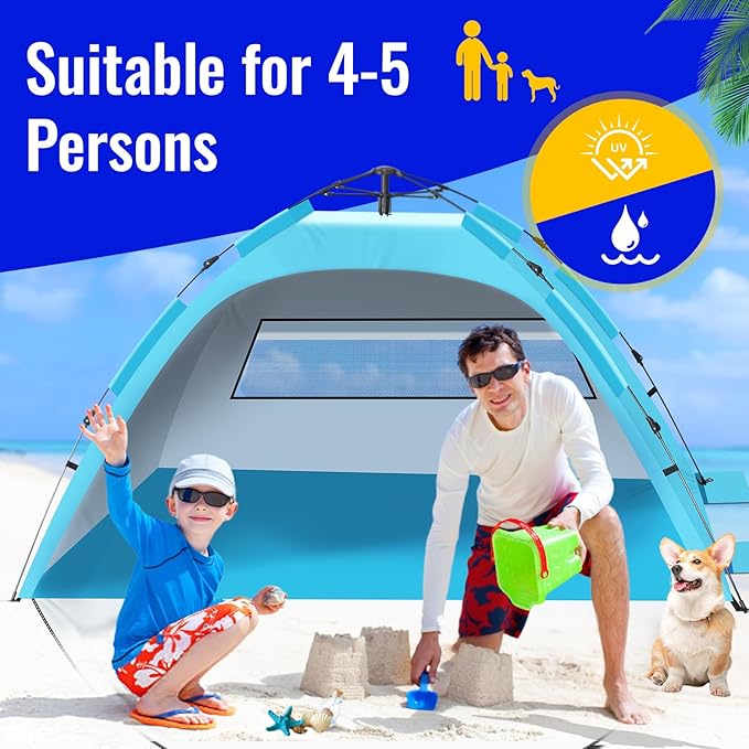 Beach Tent Sun Shade for 4-5 Person Two Doors Large Pop Up Beach Tents for Adults and Kids Portable Automatic Instant Sun Shelter Canopy Tent UV 50+ Ideal for Garden Fishing Picnic