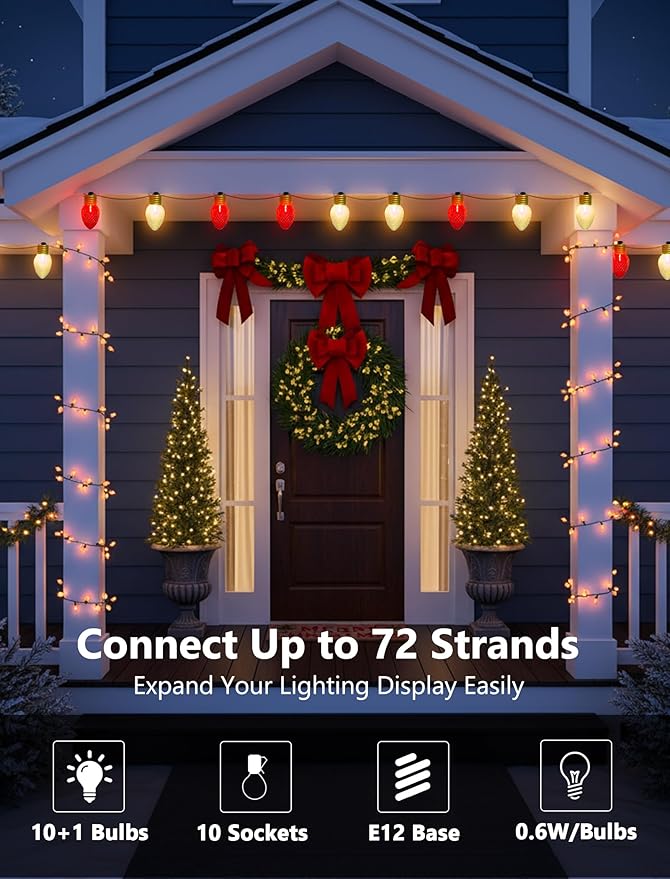 Jumbo Christmas Lights Outdoor - 16ft Multicolor LED Red &amp White Large Bulb with Diamond Pattern Connectable &amp Replaceable UL Listed Waterproof Big Christmas Lights for Holiday Decorations