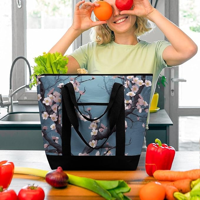 Insulated Shopping BagLarge Reusable Cooler Bags Cherry Blossom Printed Foldable Shopping BagTravel Waterproof Shoulder Bag