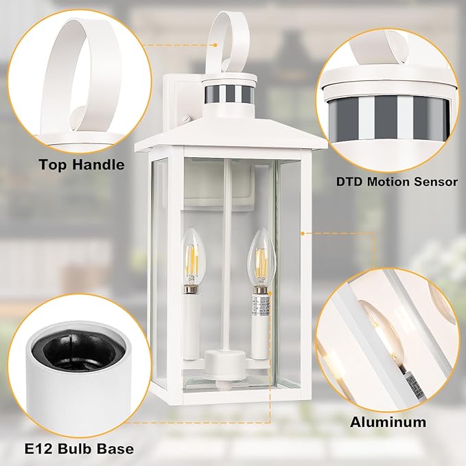 White Motion Sensor Light Outdoor 18 ETL Listed Outdoor Lights with Sensor Detection 2-Light Aluminum White Exterior Light Fixture with E12 Socket Outside House Lights Wall Mount