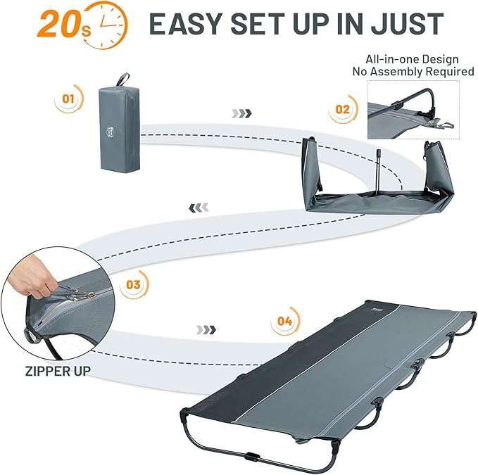 TIMBER RIDGE 20-Second Quick Set-Up Camping Cot Lightweight Aluminum Folding Cot with Zipper Closure Portable Carry Bag Included for Camping Travel and Outdoors Support up to 225lbs Grey 2pcs