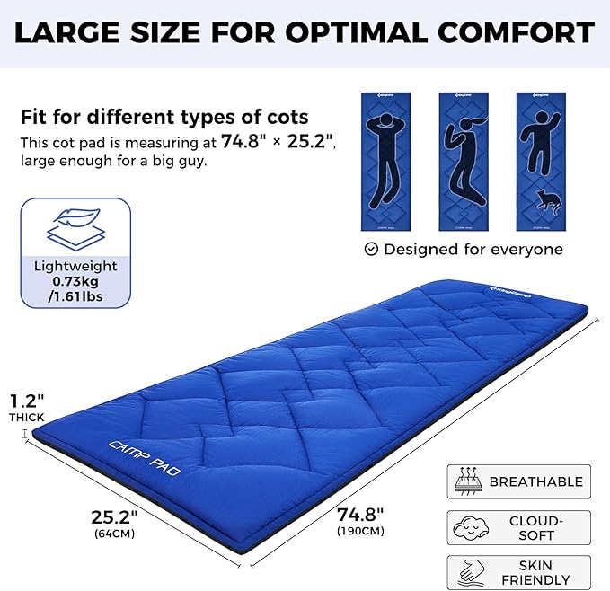 KingCamp Cot Mattress Pad Portable Lightweight Cot Mattress Non-Slip Camping Mat Soft Comfortable Non-Slip Cot Pad for Camp RV Bunk