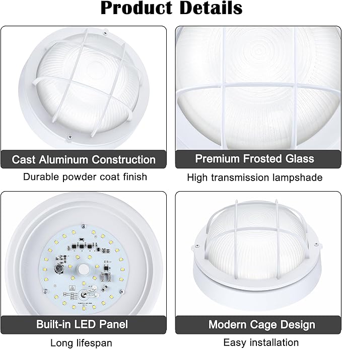 Round Bulkhead Light Fixture Dimmable Outdoor Wall Lantern LED Nautical and Sauna Light 15W 1600 Lumens 5000K White Aluminum with Frosted Glass 1-Pack