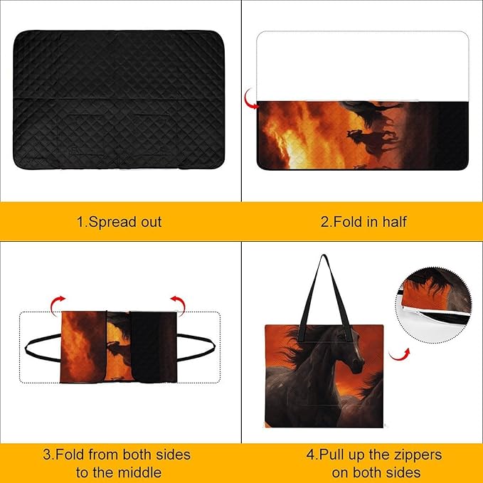 Zipper Horses Red Glowing Clouds Style Picnic Mat Suitable for Travel Camping Park Or Home Use